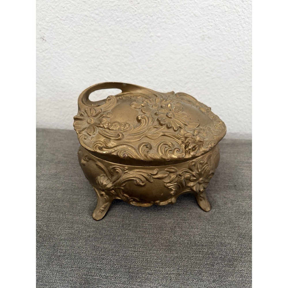 Vintage Art Nouveau Gold Metal Jewelry Casket #138 Footed Floral 6 x 4 X 4